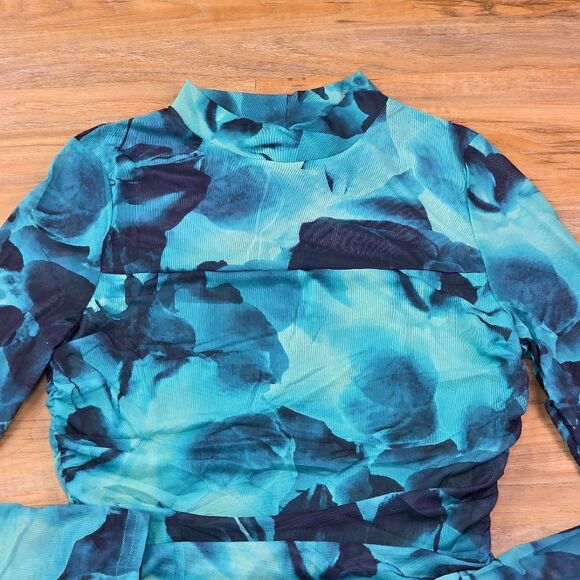 🔸️NWT Emerald Blue Floral Bodycon Mesh Long Sleeve Dress Small - Picture 10 of 16